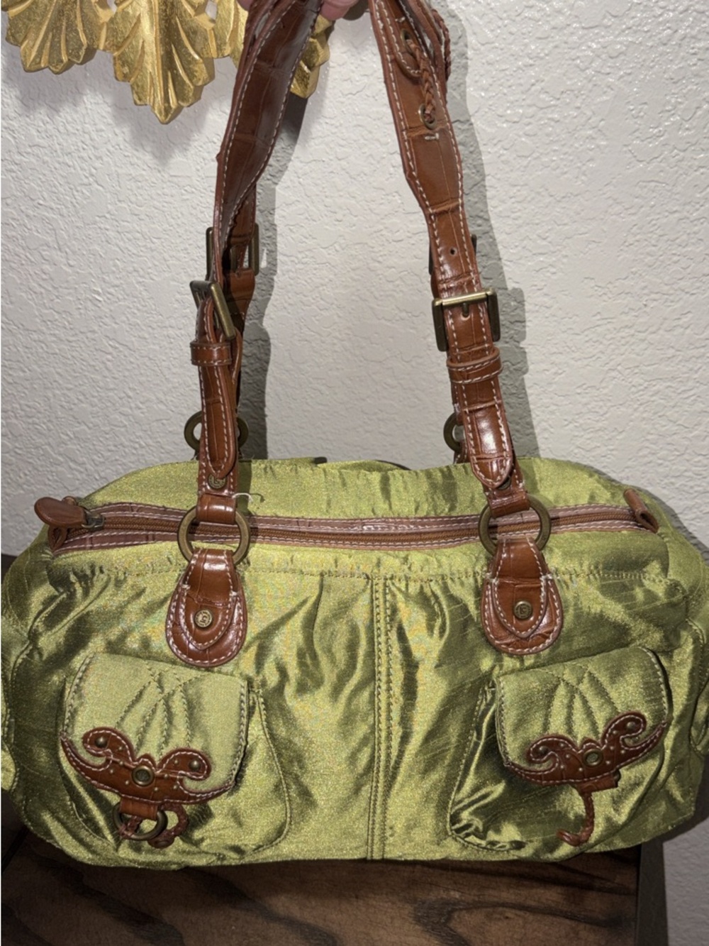 Liz Claiborne Y2K Green Shoulder Bag with Brown Trim w/Double Side Pockets